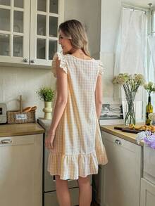 SHEIN Women's Fresh & Cute Plaid Square Collar Ruffle Hem A-Line Nightgown - Yellow - View 2