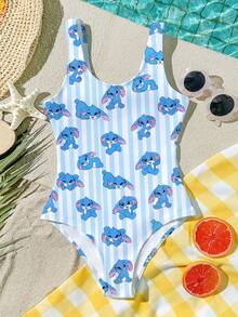Tween Girl Cute Cartoon Blue Stitch & Rabbit Striped One-Piece Swimsuit, Suitable For Swimming, Vacation, Summer Beach - Blue and White - View 3