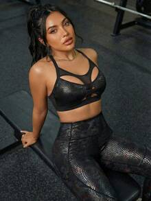 Innovista 女士高腰蛇纹印花撞色网眼舞蹈紧身裤 - 黑色 - 查看 6