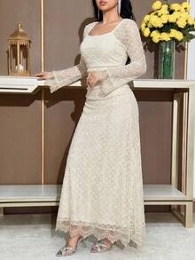 Feyla 女士优雅方领喇叭袖撞色蕾丝荷叶边腰身连衣裙，春夏秋季 - 杏色 - 查看 5