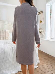 SHEIN Pregnant Women's Casual Letter Embroidered Front Button Contrast Trim Maternity Dress - Khaki - View 2