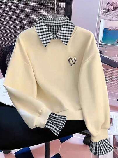 Resyla Sudadera casual holgada de mujer con cuello de camisa, estampado de corazón y parches a rayas de manga larga