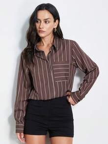 Aveloria Modichic New Arrival Women's Fashion Versatile Pocket Striped Blouse - Mocha Brown - View 4