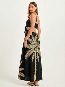 CAJUNI Women's Summer Vacation Coconut Tree Print Hollow Front Tie Strap Dress - Black - View 3
