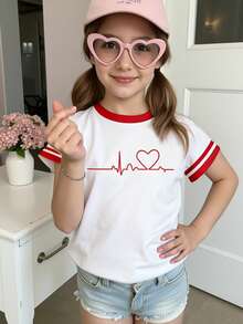 1件少女休闲时尚创意个性清新别致简约红白撞色爱心条纹印花舒适基础款短款T恤，适合春、夏、秋季穿着。 - 彩色 - 查看 2