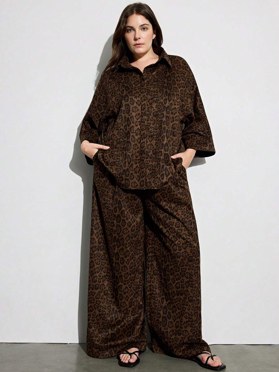 Aveloria Modichic Conjunto Feminino De 2 Peças: Camisa Casual Folgada Com Estampa De Leopardo Lapela Com Botões, E Calça Reta Modeladora Com Cintura Elástica. - Multicolorido - Ver 1
