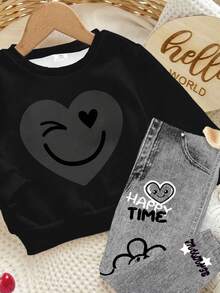 Black Series, Street Graffiti Cute Heart & Face Pattern, Baby Girl Casual Comfortable Soft Thick Warm Crew Neck Long Sleeve Sweatshirt & Skinny Jegging Leggings, Suitable For Autumn/Winter Everyday, Home, And Outings - Multicolor - View 7