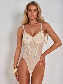 SHEIN Glamour Women's Sleeveless Bodysuit With Spaghetti Straps And Fishbone Seam, Fitted And Fashionable - Light Yellow - View 6