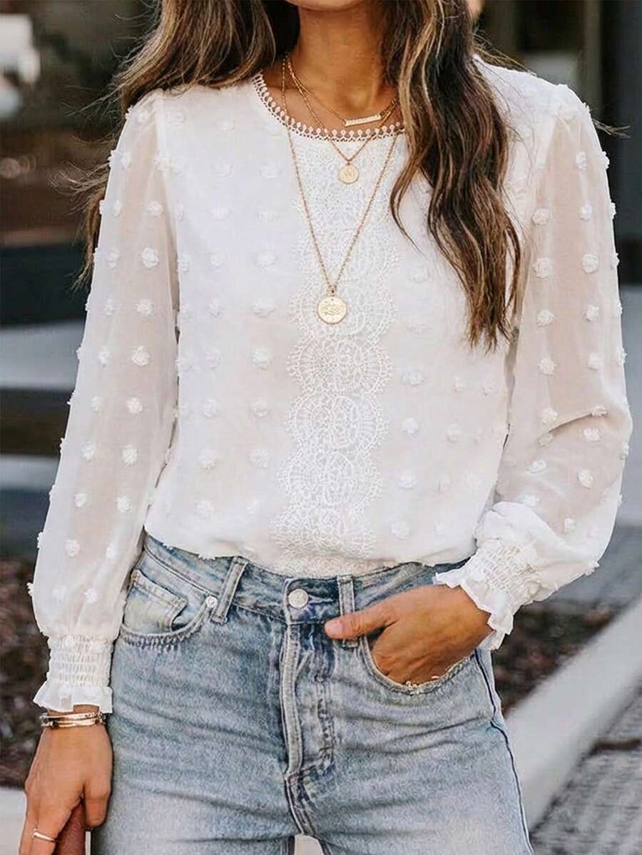 EMERY ROSE New Women's Round Neck White Lace Patchwork Long Sleeve Top - White - View 1