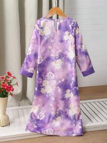 Vestido feminino com apliques bordados, macio e confortável, estampa roxa, decote em V e mangas compridas. Estilo Oriente Médio, árabe, casual, boêmio, bordado, artístico, retrô, ideal para férias e viagens. - Roxa - Ver 2