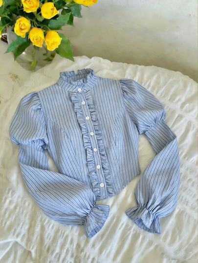 SHEIN MOD Women's Frill Trim Flounce   Button Design Striped Lantern Sleeve Blouse,Summer Outfits,Spring Break Outfits,Valentine's Day Outfit ,Going Out Top,Elegant Blouses,Blue Blouse,Romantic Clothing, Office Blouses, Striped Blouse