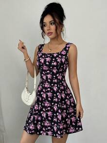 Rafferiza Đầm chữ A không tay dành cho nữ, họa tiết hoa nhí, cổ vuông và thắt eo. - Đỏ và đen - Xem 6