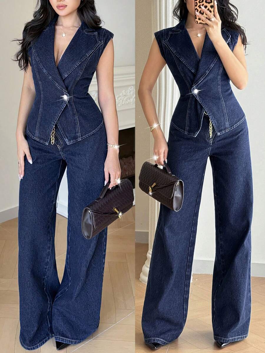 Modelyn 女士时尚交叉裹身无袖收腰牛仔连体裤 - 深色水洗藍 - 查看 1