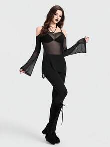 Breakform Áo kiểu Gothic gợi cảm dành cho nữ, chất liệu lưới xuyên thấu, dây mảnh, trễ vai, tay loe, ôm sát. - màu đen - Xem 1