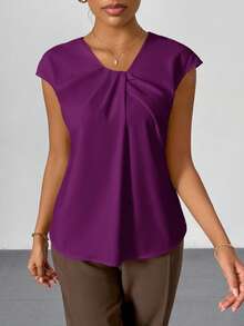 Firerie 大码女式优雅纯色短袖褶皱圆领修身短袖衬衫 - 紫色 - 查看 6