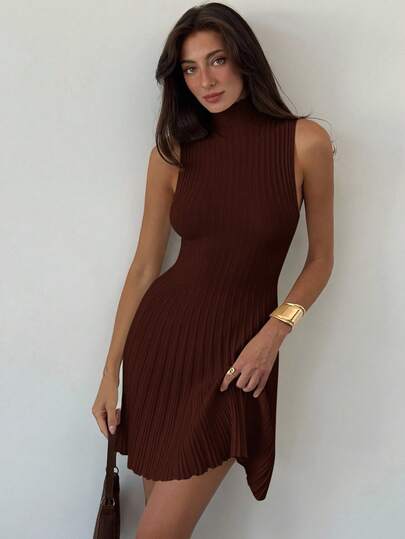 Aloruh Vestido de punto acanalado de línea A sin mangas de cuello mínimo para mujer