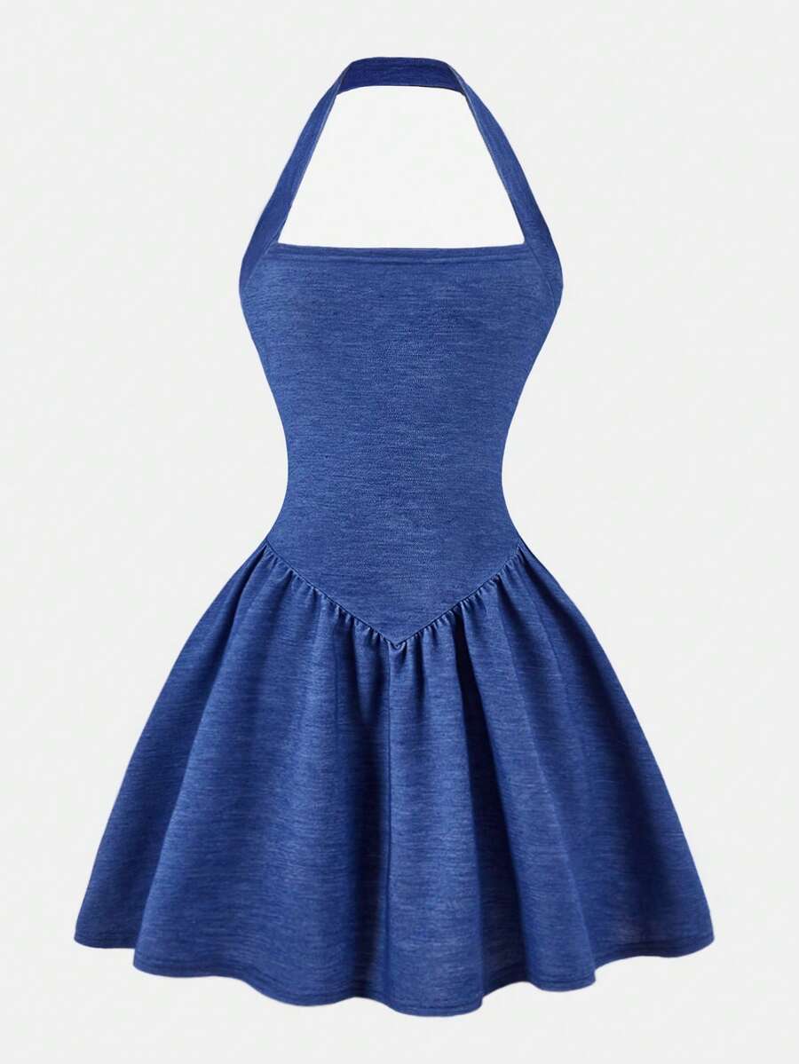 少女时尚休闲牛仔效果优雅吊带修身A字迷你连衣裙，适合派对、外出、返校等场合穿着 - 藍色 - 查看 1