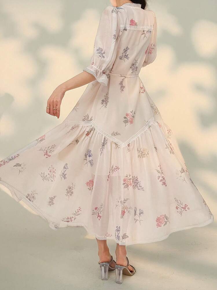 Women's Elegant Floral Lace Patchwork Belted Mid-Length Dress Wedding Guest Dress Summer Sundress