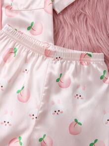 SHEIN 2pcs Baby Girls' Cute & Fresh Light Pink Cartoon Rabbit & Peach All-Over Print Cardigan Short Sleeve Top And Shorts Pajama Homewear Set - Multicolor - View 8