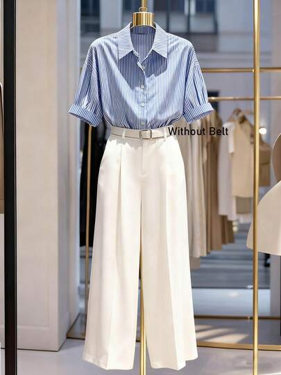 Franclia Striped Collared Shirt + Wide Leg Pants Set, Casual Commuter Style, Loose Cuffed Shirt And High Waist Flowy Pants, Comfortable Cotton Blend, Slimming Striped Shirt And Wide Leg Pants Suit For Work