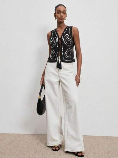 ATUI Studio Women's Vintage Fashionable Rivet Detail Front Tie Blouse, Summer