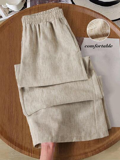 Rusticease Women's Elastic Waist Casual Versatile Commuting Wide Leg Pants Spring Outfit Women  Summer Outfits  Summer Outfit For Women Spring Clothes Women  Elegant Vacation Outfits Women Casual Outfit For Women Elastic Waistband, Linen-Like Texture Khaki And Brown Loose-Fitting Trousers