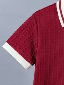 SHEIN Vacaura Tween Boy Casual Contrast Binding Short Sleeve Polo Shirt, Textured Fabric, Suitable For Daily Commute & Sports, Summer - Burgundy - View 3