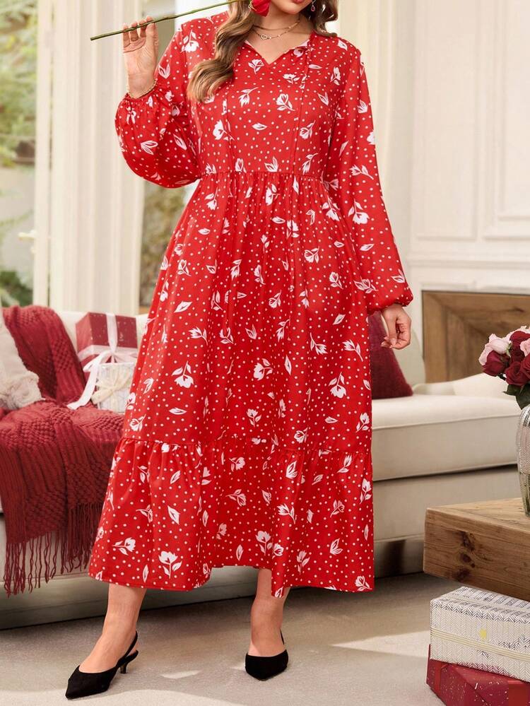 Plus Size Elegant Polka Dot & Floral Print Lantern Sleeve Dress Long Sleeve Summer Dresses Valentine Outfits For Women Spring Break Outfits Summer Holiday Outfits Carnival Weddings & Events Elegant Dress Women/Vacation Wedding Party Dress Spring To Summer