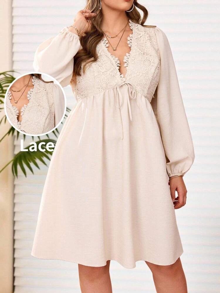 プラスサイズ女性用コントラストレースディープVネックタイフロントロングスリーブエレガントドレス