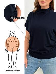 SHEIN Essnce 大码女装春夏时尚休闲宽松舒适日常修身黑色短袖上衣，简约风格，黑色上衣，适合教堂穿着，工作场合穿着 - 藏蓝色 - 查看 1