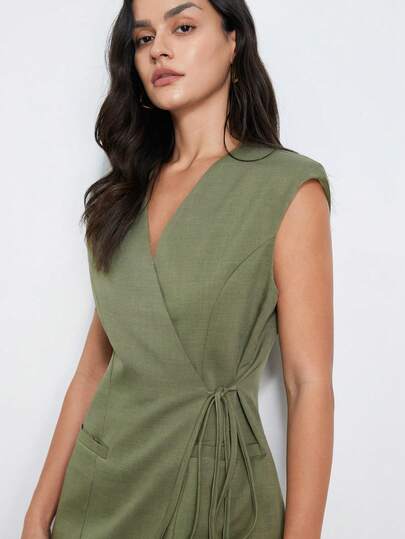 Aveloria Modichic 女士纯色V领交叉打结不对称下摆时尚百搭通勤办公套装背心