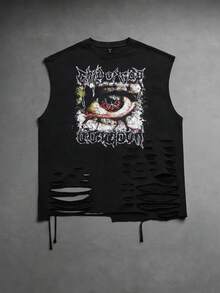 ROMWE MEN Grunge Punk Camiseta de tirantes con cuello redondo con gráfico de letra y ojo vintage desgastada para hombre - Negro - Ver 1