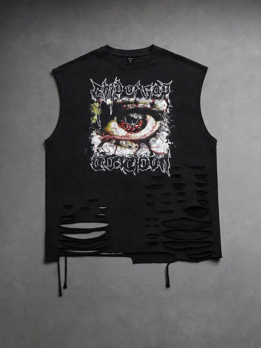 ROMWE MEN Grunge Punk Camiseta de tirantes con cuello redondo con gráfico de letra y ojo vintage desgastada para hombre - Negro - Ver 1