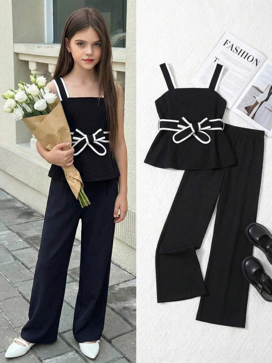 SHEIN 2pcs/Set Girls' Minimalist Commuter Black Design Camisole And Slim Flare Leg Pants Set, Paired With White Trim, Waist Belt Design, Suitable For Summer Beach, Vacation, Travel And Outings - Black - View 1