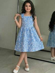 SHEIN Girls' Elegant Bowknot Decor Floral Jacquard Fit & Flare Sleeveless Woven Dress, Blue - Blue - View 2