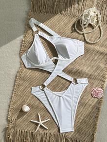 Swim SXY 女士夏季度假性感白色连体泳衣，肩带设计，褶皱系带镂空款式 - 白色 - 查看 5