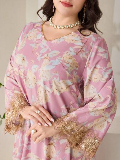 Al Najma Đầm kiểu Ả Rập thêu họa tiết hoa lá phối ghép thanh lịch dành cho nữ cỡ lớn, thích hợp cho mùa thu.