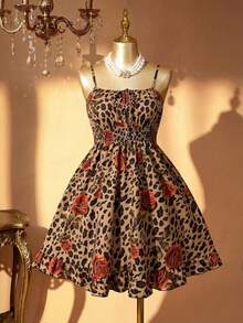 Rometta Elegantes Leoparden- und Rosen-Druckkleid in Große Größen für den Valentinstag - Khaki - Übersicht 2