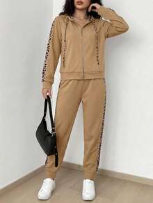 Women's Leopard Print Patchwork Zip Front Hoodie And Pants Casual 2 Pieces Set - Camel - View 3