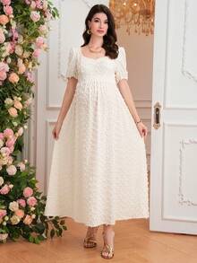 SHEIN 孕妇舒适纯色露背蝴蝶结短袖高开衩优雅连衣裙 - 米色 - 查看 6