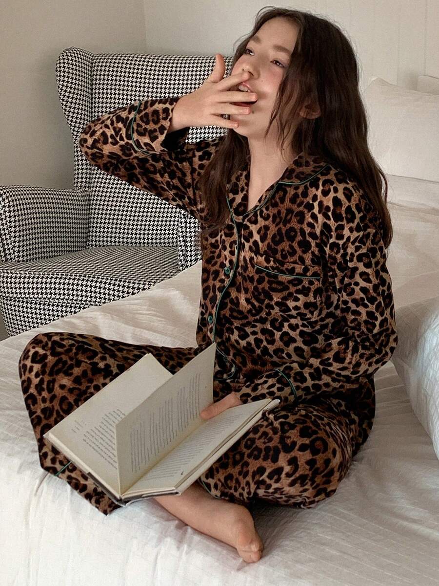 DAZY Tween Girl Leopard Print Long Sleeve Top And Pants Pajama Set - Brown - View 1