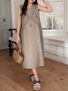 DAZY 少女几何图案V领无袖休闲宽松连衣裙 - 駝色 - 查看 8