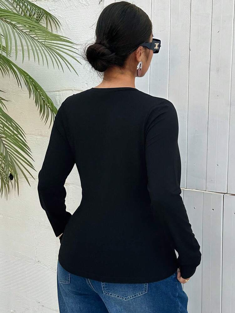 Dazy Plus Plus Size Casual Solid Color Button-Up Fitted Long Sleeve T-Shirt, Autumn