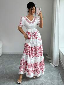 Elenzga Women's New Fashionable And Elegant Red & White Placement Print V-Neck Short Sleeve A-Line Elastic Waist Design Tassel Belt Maxi Dress, Suitable For Commuting, New Year, Streetwear, French Romantic, Casual, Middle Eastern Retro, Afternoon Tea, Party, Thanksgiving, Back To School, Spring/Summer - Red and White - View 5