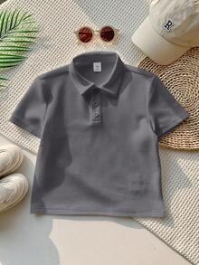 一件装 男童休闲运动学院风复古纹理面料短袖 Polo 衫，适合返校、生日派对、晚宴、演出、婚礼、洗礼、开幕式等场合，适合中东地区穿着，适合日常穿着，适合上学、旅行、运动，适合春夏季节。 - 灰色 - 查看 5