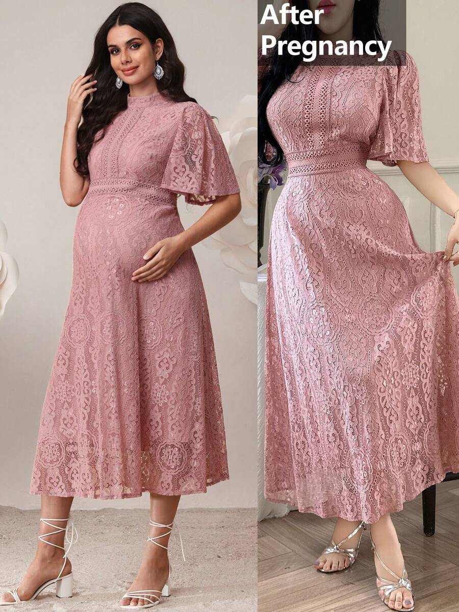 SHEIN 优雅蕾丝纯色孕妇派对礼服 - 粉色 - 查看 1