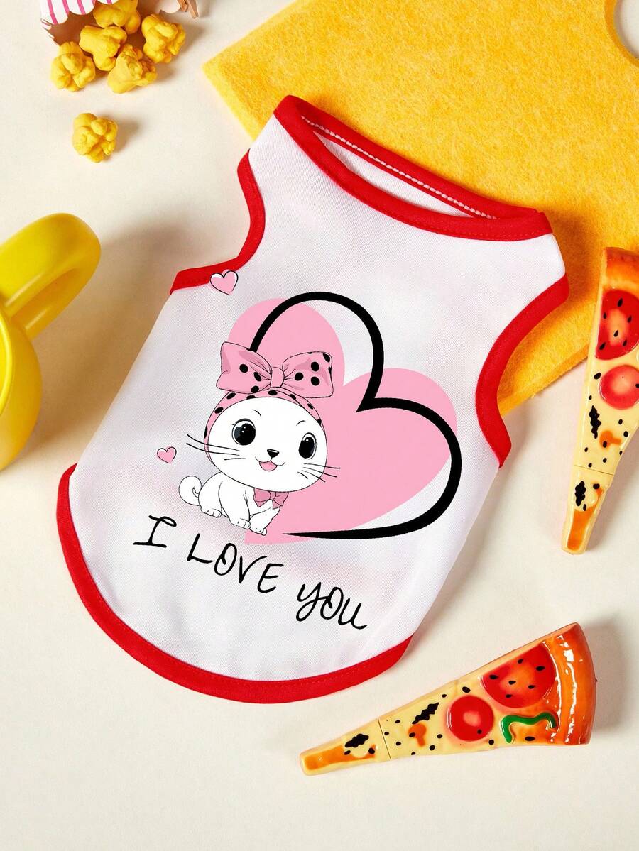 PETSIN 1pc Love Cat Letter Printed Pet Tank Top, Breathable And Skin Friendly, Red And White Edition - Multicolor - View 1