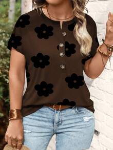 EMERY ROSE Women's Bestselling Coffee Brown Geometric Floral V-Neck Short Sleeve Plus Size T-Shirt Top, Spring/Autumn - Multicolor - View 3