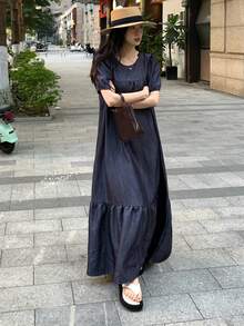 女士休闲宽松长连衣裙，圆领，短泡泡袖，荷叶边下摆 - 藍色 - 查看 5