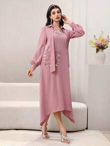 Al Najma 女士粉色V领飘逸缎带高端串珠蕾丝边宽松连衣裙 - 粉色 - 查看 6
